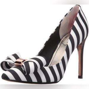 Ted Baker London Ichlibi Text AF Black & White Striped Pointed Toe Bow Flats